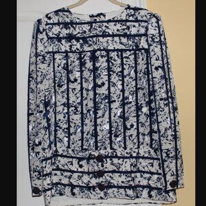 361- Navy Blue & White Long Sleeve Blouse Button up Back & accent Size L